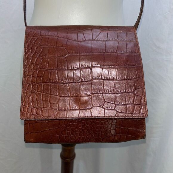 maurizio taiuti brown leather croc embossed crossbody purse bag shouler - Picture 2 of 12
